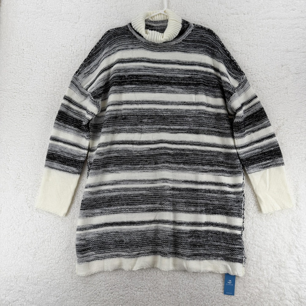 Cupshe Sweater Womens XL‎ Black White Striped Turtleneck Tunic Pullover Acrylic